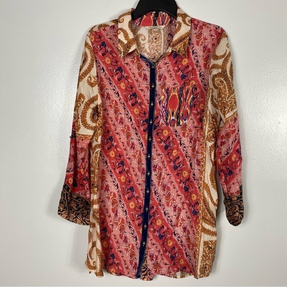 Soft Surrounding Brynn Button Tunic Shirt Floral Paisley Silk Velvet Trim - Picture 2 of 10